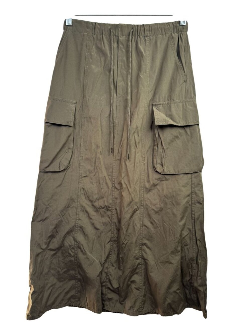 GU Womens Olive Green Maxi Cargo Skirt Elastic Waist Drawstring Size Large